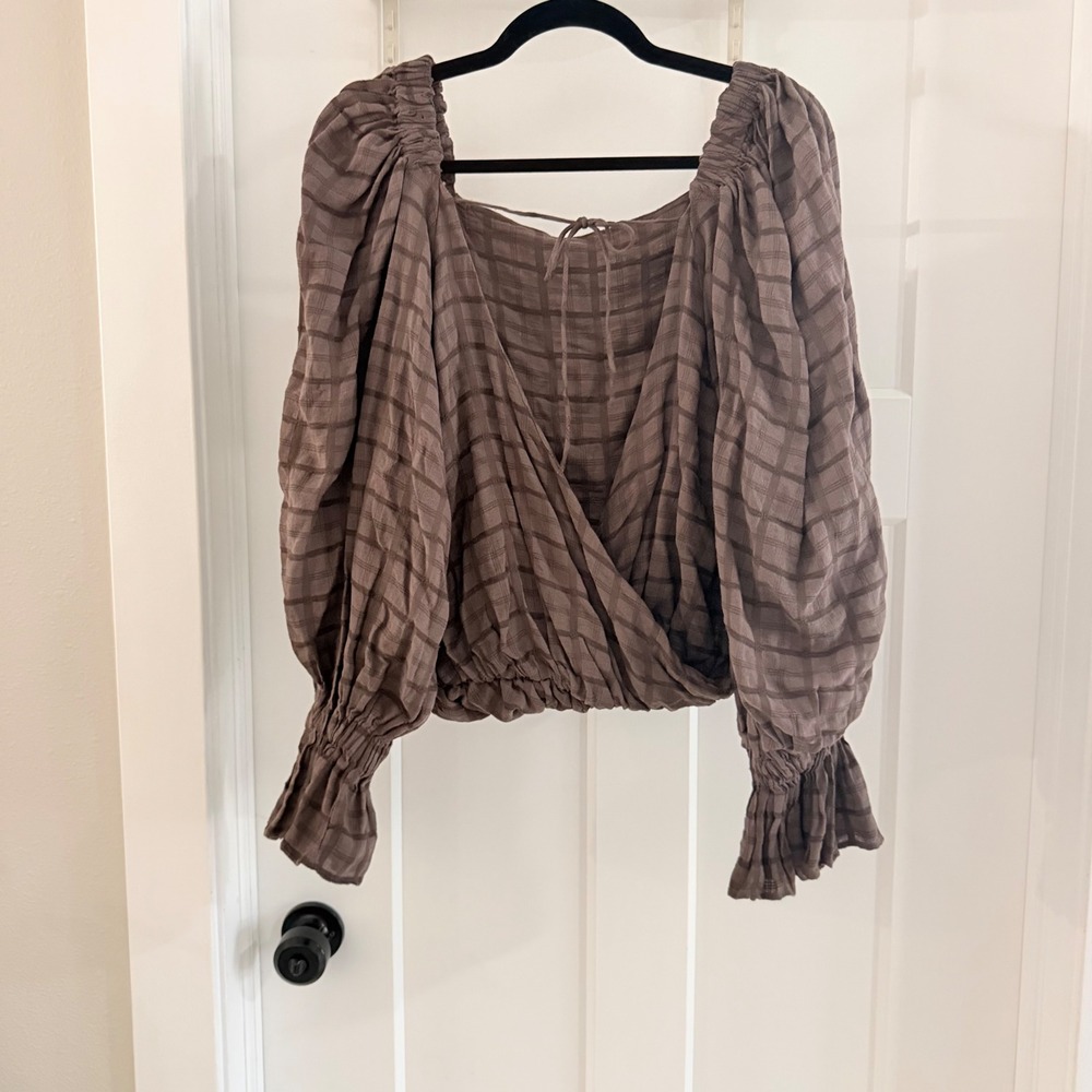 Free People Kylie Reversible Blouse Brown Textured Check Puff Sleeve Top XS